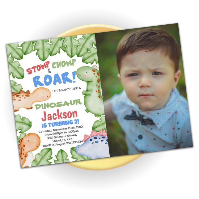 Blue Red Dinosaur Birthday Invitations with photo (Creator Uploaded)
