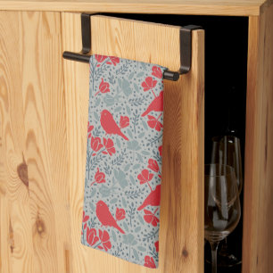 Blue & Red Ditzy Floral Birds Tea Towel