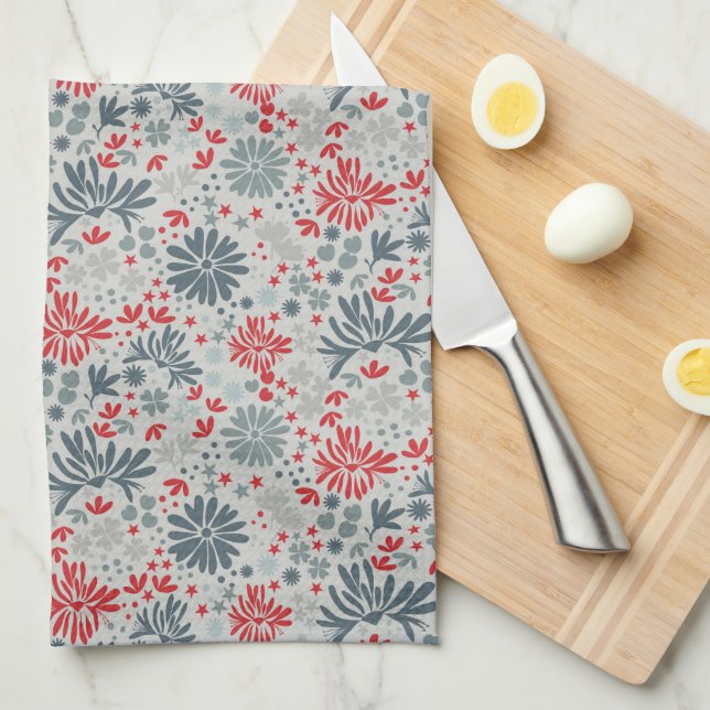 Blue & Red Ditzy Floral Tea Towel (Quarter Fold)