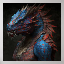 Blue red dragon portrait AI art