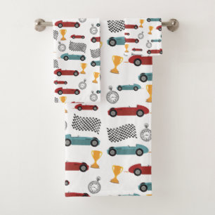 Blue & Red Fast Retro Vintage Racing Cars Bath Towel Set