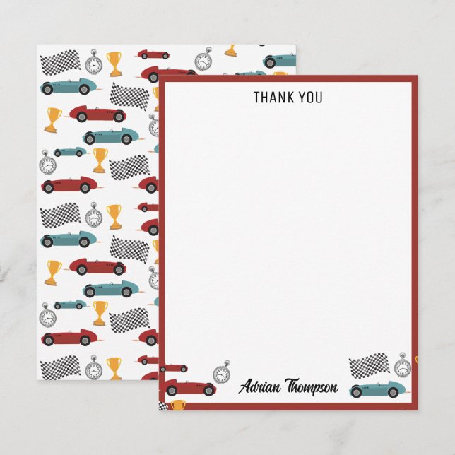 Blue & Red Fast Retro Vintage Racing Cars Kids Thank You Card (Front/Back)