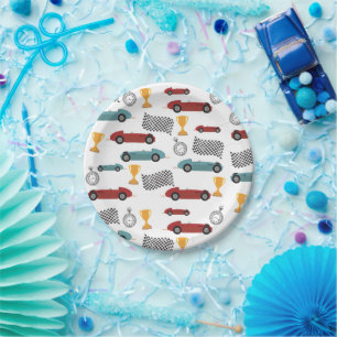 Blue & Red Fast Retro Vintage Racing Cars Paper Plate