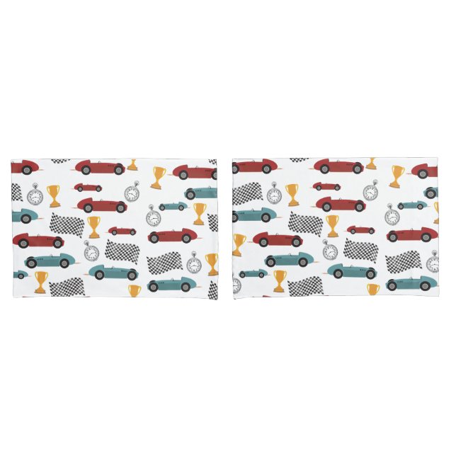Blue & Red Fast Retro Vintage Racing Cars Pillowcase (Front-Set)