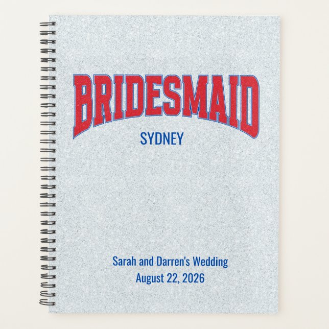 Blue + Red Faux Glitter BRIDESMAID Bachelorette Planner (Front)
