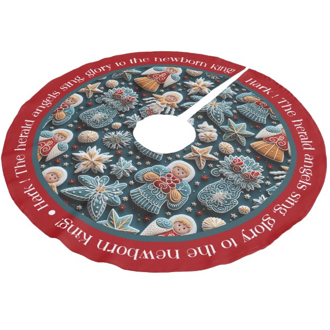 Blue Red Festive Christmas Angels Brushed Polyester Tree Skirt (Angled)