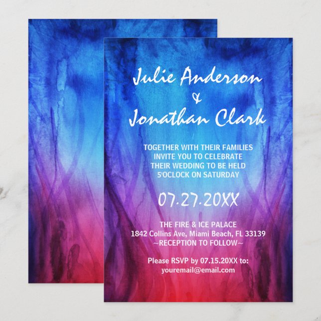 Blue & Red Fire Flames Wedding Invitation Template (Front/Back)