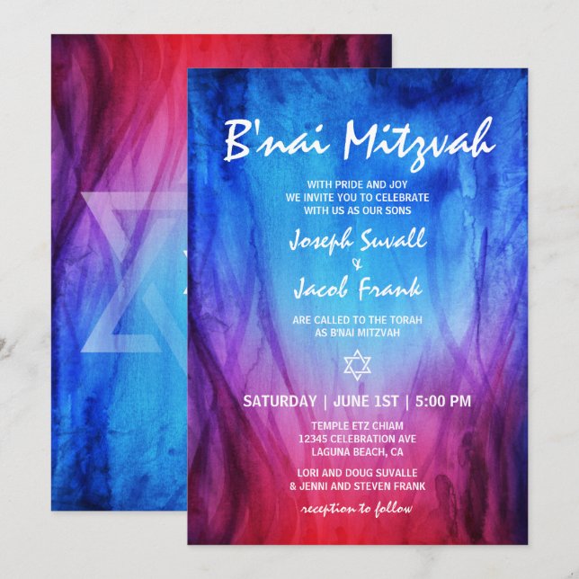 Blue Red Fire Ice |  Star of David B'nai Mitzvah Invitation (Front/Back)