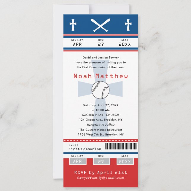 Blue Red First Communion Baseball Ticket Invitation (Front)