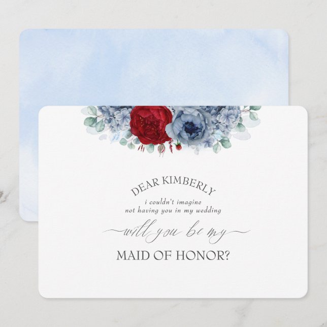 Blue Red Floral Maid of Honour Bridesmaid Proposal Invitation (Front/Back)