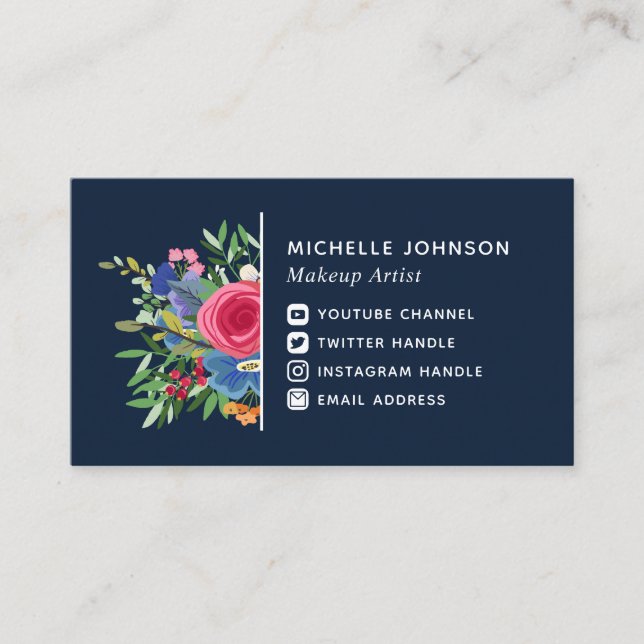 Blue Red Flower Bouquet White Social Media Icons  Business Card (Front)