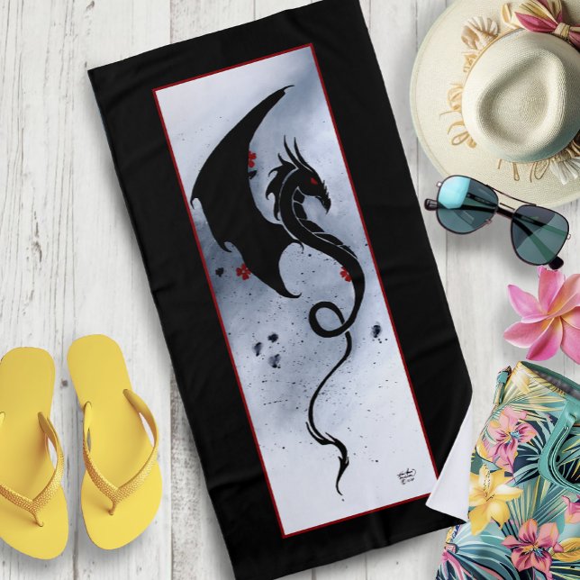 Blue Red Flowers Black Dragon Beach Towel (Creator Uploaded)