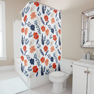 Blue& Red Flowers Watercolor Aesthetic Floral Shower Curtain