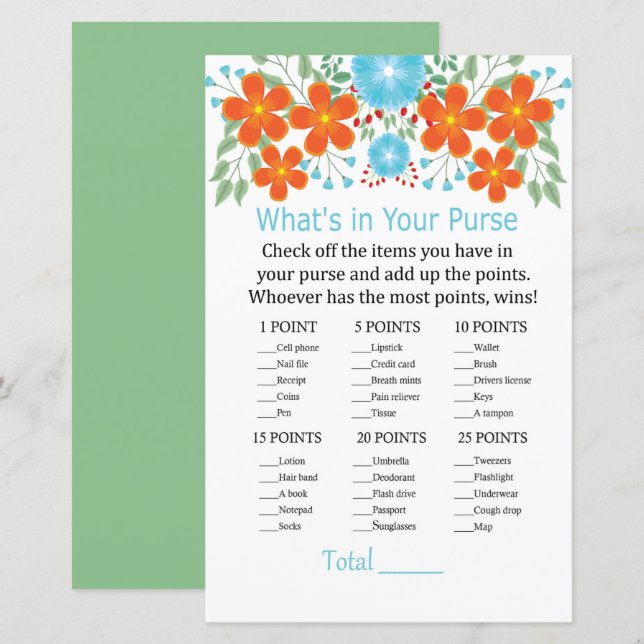 Blue Red Flowers What's in your purse game (Front/Back)