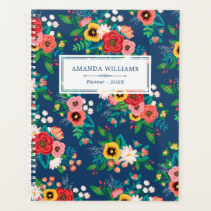 Blue & Red Folk Boho Floral Pattern - Add Name Planner