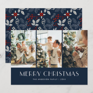 Blue Red Folk Botanical Merry Christmas Holiday Card