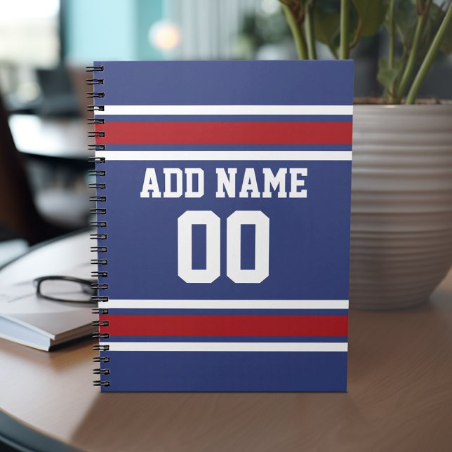 Blue Red Football Jersey Custom Name Number Notebook (Personalized notebook with Sports Jersey Football Design - Custom Name and Other Text)
