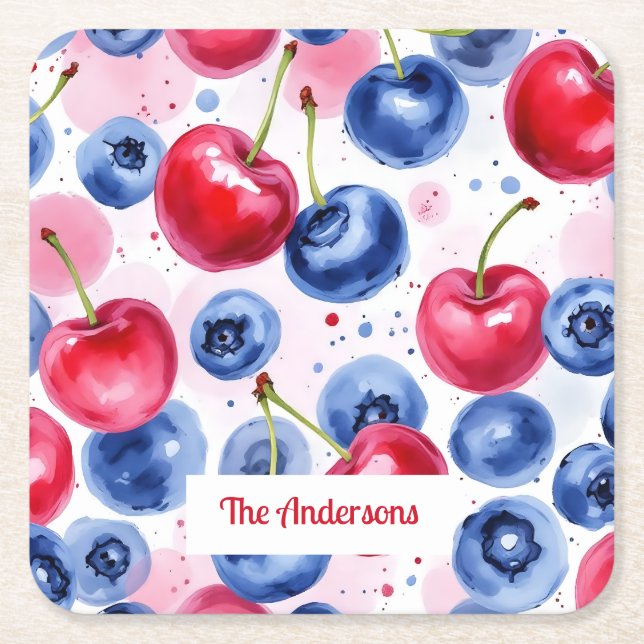 Blue Red Fruit Food Pattern Berry Cherry Square Paper Coaster (Front)