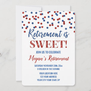 Blue Red Glitter Confetti Retirement Party Invitation