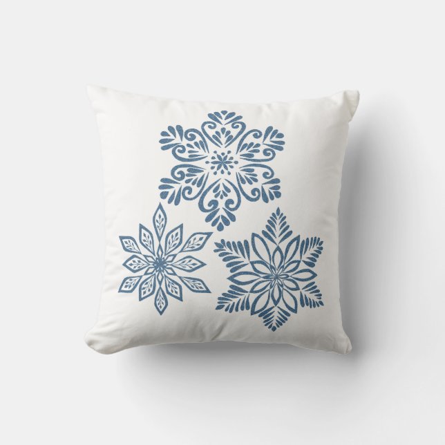 Blue Red Glitter Snowflakes White Christmas Cushion (Front)