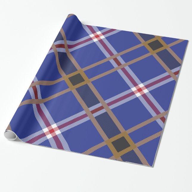 Blue red gold and white plaid geometric pattern wrapping paper (Unrolled)