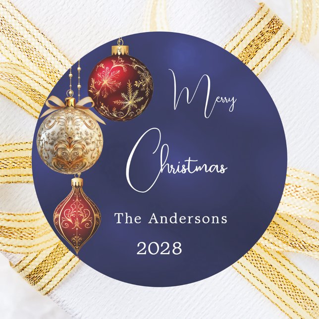 Blue red gold baubles Christmas Classic Round Sticker (Creator Uploaded)