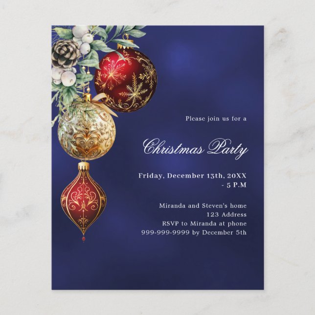 Blue red gold baubles Christmas Party invitation (Front)