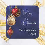 Blue red gold baubles Christmas Square Sticker<br><div class="desc">For a Christmas party favours or gift wrapping. An navy blue uneven coloured background. Decorated with red and gold baubles.  Personalise and add your name,  year.  Text: Merry Christmas</div>
