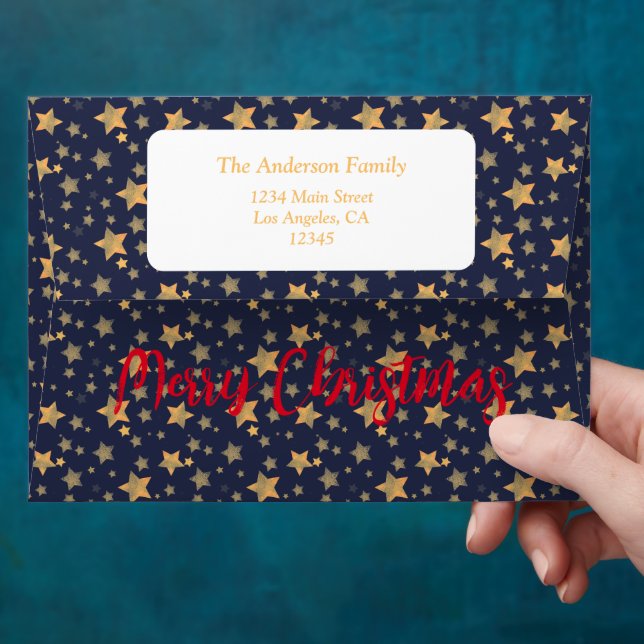 Blue Red Gold Star Elegant Merry Christmas Card Envelope (Hand)