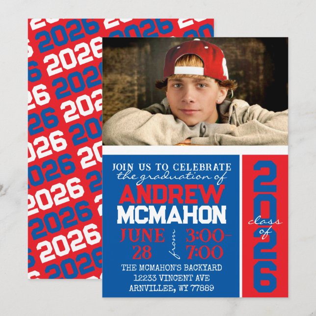 Blue & Red Graduation Photo Invitation (Front/Back)