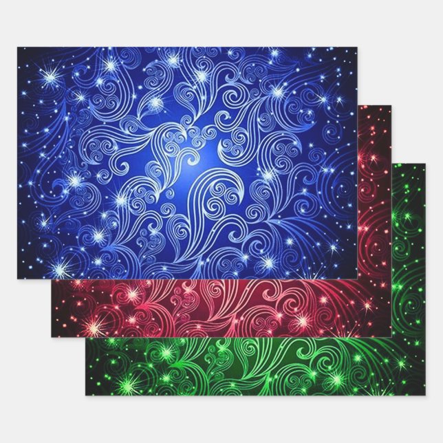 Blue Red & Green Celestial Swirls Pattern Wrapping Paper Sheet (Set)