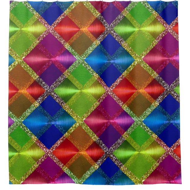 Blue Red Green Glitter Plaid Design Shower Curtain (Front)