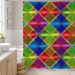 Blue Red Green Glitter Plaid Design Shower Curtain