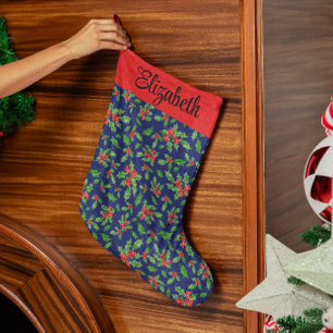 Blue red green holly leaves, berries custom name large christmas stocking