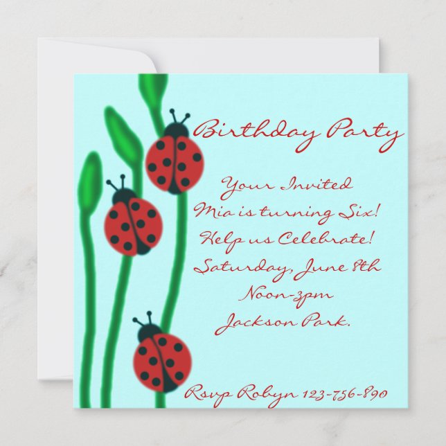 Blue Red & Green ladybug Birthday Invitation (Front)