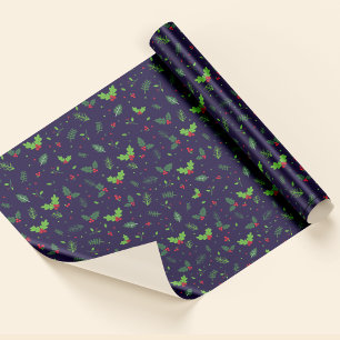 Blue Red Green Leaves Berries Pattern Christmas Wrapping Paper