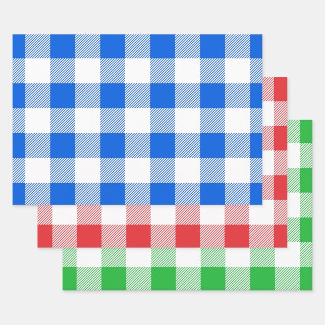 Blue Red & Green / White Buffalo Plaid Pattern Wrapping Paper Sheet (Set)