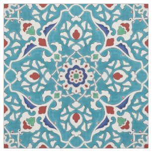 Blue Red Green White Portuguese Azulejo Pattern Fabric