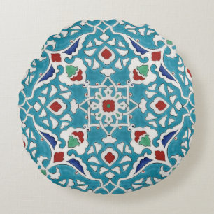 Blue Red Green White Portuguese Azulejo Pattern Round Cushion