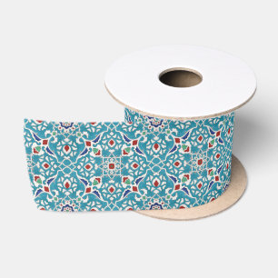Blue Red Green White Portuguese Azulejo Pattern Satin Ribbon