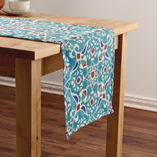 Blue Red Green White Portuguese Azulejo Pattern Short Table Runner