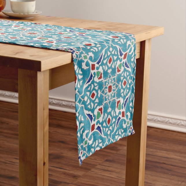 Blue Red Green White Portuguese Azulejo Pattern Short Table Runner (In Situ)