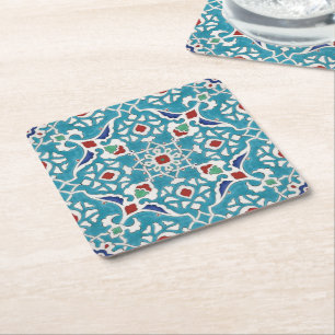 Blue Red Green White Portuguese Azulejo Pattern Square Paper Coaster