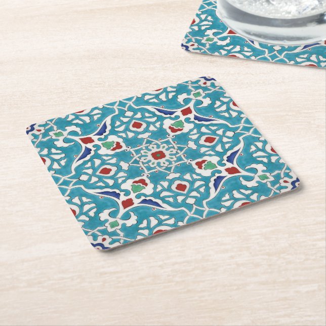 Blue Red Green White Portuguese Azulejo Pattern Square Paper Coaster (Angled)