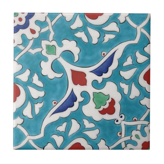 Blue Red Green White Portuguese Azulejo Pattern Tile (Front)
