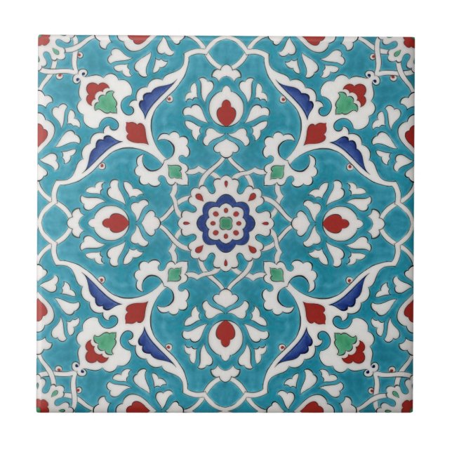Blue Red Green White Portuguese Azulejo Pattern Tile (Front)