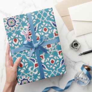 Blue Red Green White Portuguese Azulejo Pattern Wrapping Paper