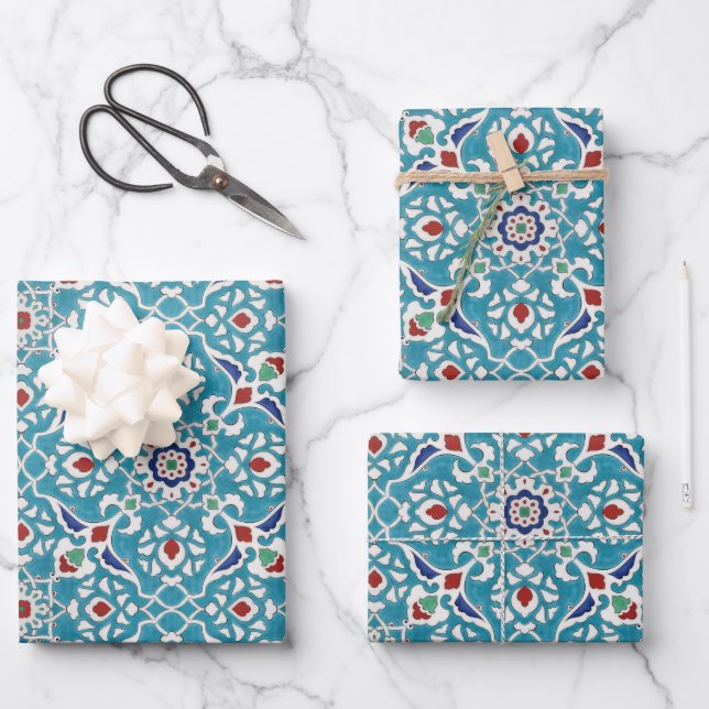 Blue Red Green White Portuguese Azulejo Pattern Wrapping Paper Sheet (Front)