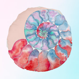Blue Red Grey Nautilus on Light Peach Round Cushion