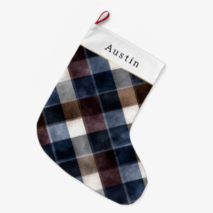 Blue Red Grey White Squares   Large Christmas Stocking